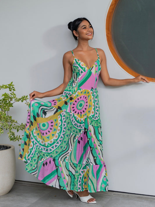 Lily Maxi Dress – Watercolor Tropicana Green